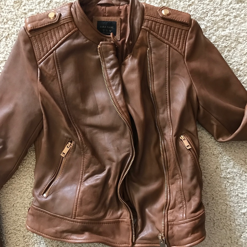 Zara Genuine Leather Jacket Caramel Brown Gorgeous